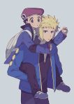  2boys backpack bag black_hair black_shirt blonde_hair blue_eyes blue_jacket carrying closed_mouth fingernails grey_eyes hat highres holding holding_poke_ball jacket light_blush long_sleeves looking_at_viewer lucas_(pokemon) male_focus multiple_boys oshi_taberu pants piggyback poke_ball poke_ball_(basic) pokemon pokemon_(game) pokemon_dppt pokemon_platinum shirt shoes spiked_hair volkner_(pokemon) 