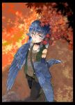  1girl animal_ears autumn autumn_leaves bag bird_ears bird_legs bird_tail bird_wings blue_feathers blue_hair blue_wings choker digitigrade eyebrows_visible_through_hair feathered_wings feathers foil food grey_eyes harpy head_feathers highres leaf maple_leaf messenger_bag miura_(rnd.jpg) monster_girl open_mouth original rnd.jpg shadow shoulder_bag skirt solo sweet_potato talons tree vest winged_arms wings 