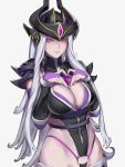  1girl breasts cleavage cleavage_cutout clothing_cutout diadem fingerless_gloves gloves heart highres kumiko_shiba large_breasts league_of_legends long_hair looking_at_viewer pink_eyes revealing_clothes silver_hair syndra tagme very_long_hair 