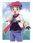  1boy :d backpack bag black_hair blush character_doll cloud commentary_request day flying_sweatdrops foliage grey_eyes hands_up hat highres holding_strap looking_at_viewer lucas_(pokemon) male_focus open_mouth oshi_taberu outdoors pants pokemon pokemon_(game) pokemon_dppt purple_pants red_headwear red_scarf scarf short_sleeves sky smile sweat tongue volkner_(pokemon) yellow_backpack 