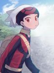  1boy :o bag beanie black_hair brendan_(pokemon) cloud commentary_request day foliage hat highres long_sleeves looking_at_viewer male_focus oshi_taberu outdoors pokemon pokemon_(game) pokemon_rse red_eyes short_hair sky solo upper_body white_headwear yellow_bag 