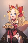  1girl abigail_williams_(fate/grand_order) animal_ear_fluff animal_ears bangs bare_shoulders bell bell_collar blonde_hair blue_eyes blush bow breasts collar cosplay detached_sleeves fate/extra fate/grand_order fate_(series) food forehead fox_ears fox_tail gloves hair_bow highres japanese_clothes jingle_bell kimono long_hair looking_at_viewer miya_(miyaruta) multiple_bows open_mouth orange_bow pancake parted_bangs paw_gloves paws pelvic_curtain plate ponytail red_bow red_kimono sash sidelocks small_breasts smile sparkle tail tamamo_(fate)_(all) tamamo_cat_(fate) tamamo_cat_(fate)_(cosplay) wide_sleeves 
