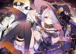  bloomers bow candy flowers gloves halloween hat horns lollipop long_hair moon night original pointed_ears signed skirt sky thighhighs tree white_hair wings wink witch_hat yellow_eyes yuge_(mkmk) 