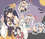  &gt;_&lt; 5girls akitsushima_(kantai_collection) animal_hood bandages bat black_hair blonde_hair blue_hair breasts broom broom_riding chibi cleavage commandant_teste_(kantai_collection) detached_sleeves eyebrows_visible_through_hair folded_ponytail gloves hair_ribbon halloween halloween_costume hat headband hood japanese_clothes kamoi_(kantai_collection) kantai_collection kasashi_(kasasi008) long_hair miko mizuho_(kantai_collection) moon multiple_girls mummy_costume nisshin_(kantai_collection) one_eye_closed open_mouth paw_gloves paws red_hair ribbon scarf side_ponytail sidelocks silver_hair smile star_(symbol) sweat tears tress_ribbon wand white_hair wide_sleeves witch_hat 