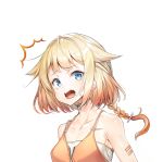  /\/\/\ 1girl ajishio bare_shoulders blonde_hair blue_eyes braid cevio choker collarbone commentary flat_chest furrowed_eyebrows gradient_hair hair_flaps highres looking_at_viewer medium_hair multicolored_hair one_(cevio) open_mouth orange_hair orange_shirt portrait shirt solo spaghetti_strap surprised wavy_mouth white_background 