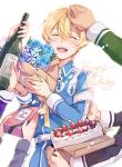  1boy 4others bangs birthday blonde_hair blue_flower blue_rose blush cake closed_eyes commentary_request eugeo flower food fruit hand_on_another&#039;s_head happy_birthday holding long_sleeves male_focus military military_uniform multiple_others open_mouth out_of_frame petting rose short_hair shoura simple_background smile solo_focus strawberry sword_art_online sword_art_online:_alicization uniform upper_body upper_teeth white_background 