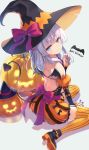  1girl ankle_boots ass back bare_shoulders bat blush boots bow character_request demon_tail detached_sleeves garter_straps hand_up hat high_heel_boots high_heels highres jack-o&#039;-lantern juliet_sleeves long_sleeves medium_hair puffy_sleeves purple_eyes purple_nails silver_hair sitting smile solo striped striped_legwear tail thighhighs tomose_shunsaku wariza wings witch_hat 