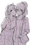  2girls arm_behind_back ayase_eli bag bangs braid breasts closed_mouth collarbone commentary_request cowboy_shot eyebrows_visible_through_hair glasses greyscale hair_ribbon happy jacket long_hair looking_at_viewer love_live! love_live!_school_idol_project monochrome multiple_girls one_eye_closed open_clothes open_jacket pants ponytail ribbon shibasaki_shouji shirt short_sleeves shoulder_bag simple_background single_braid sketch skirt small_breasts smile standing tied_hair toujou_nozomi white_background 