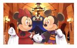  2020 accessory anthro black_nose clothing detailed_background disney duo eye_contact female gloves hair_accessory hair_bow hair_ribbon halloween hand_holding handwear hi_res holidays looking_at_another male mammal mickey_mouse minnie_mouse mouse murid murine ribbons rodent signature smile takatmadisney 