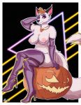  anthro big_breasts boots breasts butt_from_the_front canid canine cleavage clothed clothing crown curvy_figure eyeshadow female food footwear fox fruit fur gloves halloween handwear hi_res high_heels holidays jack-o&#039;-lantern jewelry legwear lofiflavors looking_at_viewer makeup mammal mostly_nude nakhta necklace nipples pattern_background plant pumpkin queen red_eyes royalty shoes simple_background sitting smile solo thick_thighs thigh_boots thigh_highs white_body white_fur 