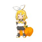  1girl arm_warmers bangs bare_shoulders black_shorts black_sleeves blonde_hair blush_stickers bow chibi commentary dated full_body hair_bow hair_ornament hairclip halloween hands_on_hips headphones kagamine_rin looking_at_viewer neckerchief pumpkin sailor_collar sangatsu_youka school_uniform shirt short_hair shorts shoulder_tattoo sleeveless sleeveless_shirt smile solid_oval_eyes solo standing swept_bangs tattoo treble_clef twitter_username vocaloid white_background white_bow white_shirt yellow_neckwear 