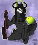  anthro antlers arwen. breasts canid canine corruption demon eyewear female genitals glasses glowing hi_res horn mammal nipples pussy solo winged_arms wings 