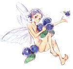  1girl blueberry fairy fairy_wings flat_chest food fruit full_body kuzuvine leaf looking_at_viewer minigirl navel nude original purple_eyes purple_hair short_hair simple_background smile solo white_background wings 