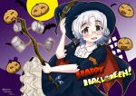  1girl artist_name bat blush halloween halloween_background halloween_costume hat highres hirato_(kantai_collection) kantai_collection pumpkin rod senon short_hair solo stick white_hair witch_costume witch_hat 