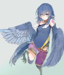  1girl animal_ears bird_ears bird_legs bird_tail bird_wings blue_feathers blue_hair blue_wings choker eyebrows_visible_through_hair feathered_wings feathers grey_eyes harpy head_feathers miura_(rnd.jpg) monster_girl original rnd.jpg shorts solo standing standing_on_one_leg talons tattoo twitter_username winged_arms wings 