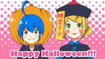  2girls ahoge black_headwear black_shirt blonde_hair blue_eyes blue_hair blush_stickers character_name chinese_hat commentary english_text fangs green_eyes hair_bun halftone halftone_background happy_halloween hat highres jiangshi jiangshi_costume kagamine_rin kinoshita_(k1n0shita) light_smile looking_at_viewer multiple_girls ofuda otomachi_una pink_background pumpkin_hat shirt short_hair tongue tongue_out translated vocaloid 