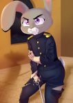  2020 akiric ambiguous_gender anthro blood bodily_fluids clothed clothing dipstick_ears disney gloves handwear hi_res holding_object holding_sword holding_weapon inside judy_hopps lagomorph leporid mammal melee_weapon military_uniform multicolored_ears purple_eyes rabbit scut_tail shadow sky solo standing star starry_sky sword torn_clothing uniform unseen_character weapon window wounded zootopia 