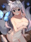  1girl absurdres animal_ears azur_lane bangs blue_eyes blush breast_hold breasts bug butterfly cleavage fox_ears fox_girl fox_tail highres insect kyuubi large_breasts long_hair multiple_tails naked_towel nephthys2356 shinano_(azur_lane) silver_hair sitting solo tail tokkuri towel 