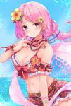  1girl bang_dream! bare_shoulders belt bikini bracelet breasts choker cleavage cowboy_shot detached_sleeves earrings flower frilled_bikini frills hair_flower hair_ornament hair_scrunchie hibiscus highres jewelry long_hair looking_at_viewer low_twintails maruyama_aya medium_breasts midriff miniskirt navel outdoors pink_eyes pink_hair plaid plaid_bikini red_bikini red_skirt ribbon_choker scrunchie shawl skirt smile solo stomach swimsuit tomura2maru twintails 