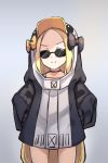  1girl abigail_williams_(fate/grand_order) animal_hood bangs black_bow black_jacket blonde_hair blush bow breasts choker closed_mouth commentary cosplay english_commentary fate/grand_order fate_(series) forehead hair_bow hands_on_hips highres hood hood_up jacket long_hair long_sleeves looking_at_viewer meltryllis meltryllis_(swimsuit_lancer)_(fate) meltryllis_(swimsuit_lancer)_(fate)_(cosplay) miya_(miyaruta) multiple_bows orange_bow parted_bangs penguin_hood sidelocks sleeves_past_fingers sleeves_past_wrists small_breasts smile solo sunglasses thighs 