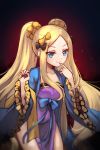  &gt;:) 1girl abigail_williams_(fate/grand_order) bangs black_bow blonde_hair blue_bow bow chinese_clothes closed_mouth collarbone commentary cosplay dress english_commentary eyebrows_visible_through_hair fate/grand_order fate_(series) hair_bow hanfu highres long_hair long_sleeves looking_at_viewer miya_(miyaruta) open_clothes orange_bow parted_bangs purple_dress sidelocks smile solo strapless strapless_dress twintails v-shaped_eyebrows very_long_hair wide_sleeves wu_zetian_(fate/grand_order) wu_zetian_(fate/grand_order)_(cosplay) 