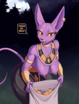  absurd_res anthro beerus big_breasts blush breasts clothing cooliehigh crossgender dialogue dragon_ball dragon_ball_super english_text female halloween hi_res holidays mtf_crossgender nipples solo text 