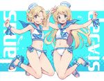  2girls :d alternate_costume anchor_symbol arm_up bare_legs bikini blonde_hair blue_eyes blue_sailor_collar blush bow bow_bikini collarbone dated dixie_cup_hat eyebrows_visible_through_hair flat_chest full_body groin hat idolmaster janus_(kantai_collection) jervis_(kantai_collection) kantai_collection long_hair looking_at_viewer military_hat multiple_girls navel odawara_hakone one_eye_closed open_mouth outstretched_arm sailor_bikini sailor_collar sailor_hat sailor_swimsuit_(idolmaster) sandals short_hair simple_background smile swimsuit toes twitter_username v water water_drop white_background white_headwear 