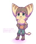  anthro brown_body brown_fur chibi cute_face felid feline fur fur_tuft green_eyes hand_on_hip hi_res kemono lombax looking_at_viewer male mammal positive_wishes_(artist) ratchet ratchet_and_clank smiling_at_viewer solo sony_corporation sony_interactive_entertainment stripes tuft video_games 