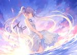  blush clouds demon dress long_hair original purple_eyes purple_hair rurudo see_through signed skirt_lift sky summer_dress twintails water wet wings 