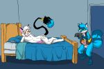  2012 anthro aquacoon_(character) bed bedroom bedroom_eyes camera duo felid feline furniture male male/male mammal metal_(artist) metal_(character) narrowed_eyes photographer procyonid raccoon seductive 