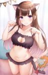  1girl absurdres animal_ears breasts brown_hair cat cat_bra cat_ears cat_girl cat_lingerie cat_tail embarrassed halloween highres large_breasts long_hair looking_at_viewer meme_attire navel original purple_eyes solo tail yukiunag1 