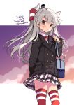 1girl alternate_costume amatsukaze_(kantai_collection) black_coat blush brown_eyes coat dated eyebrows_visible_through_hair feet_out_of_frame hair_between_eyes hair_tubes kantai_collection long_hair long_sleeves odawara_hakone plaid plaid_skirt pleated_skirt red_legwear silver_hair skirt solo thighhighs twitter_username two_side_up white_skirt windsock 