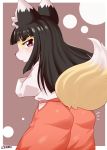  abstract_background anthro asian_clothing black_hair border butt canid canine chibi clothing east_asian_clothing female fox fur hair hakama hi_res hime_cut japanese_clothing kemono looking_back mammal mofumofumachine pink_eyes purple_eyeliner red_hakama signature solo tsune-hime white_border white_haori yellow_body yellow_fur 