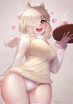  1girl :d alpaca_ears animal_ears blonde_hair blue_eyes blush breasts commentary_request cowboy_shot cup extra_ears eyebrows_visible_through_hair fur-trimmed_sleeves fur-trimmed_vest fur_trim hair_bun hair_over_one_eye heart holding holding_tray horizontal_pupils large_breasts long_sleeves looking_at_viewer no_pants open_mouth panties round_teeth shirt short_hair simple_background smile solo steam takami_masahiro teacup teeth tray underwear vest white_panties white_shirt yellow_vest 