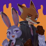  1:1 2020 anthro canid canine clothed clothing disney duo fox fur green_eyes grey_body grey_fur halloween_costume hi_res judy_hopps lagomorph leporid mammal nick_wilde orange_background purple_background purple_eyes rabbit red_fox simple_background zoonckl zootopia 