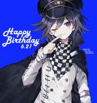  1boy ;) bangs black_cape black_hair black_headwear blue_background cape checkered checkered_scarf commentary_request dalrye_v3 danganronpa dated finger_to_mouth hair_between_eyes happy_birthday hat head_tilt jacket long_sleeves looking_at_viewer male_focus new_danganronpa_v3 one_eye_closed ouma_kokichi peaked_cap purple_eyes purple_hair repost_notice scarf short_hair simple_background smile solo straitjacket twitter_username upper_body white_jacket 