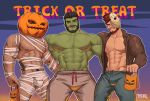  3boys abs absurdres arm_hair bandages bara bare_chest beard black_hair brown_hair bulge chest cosplay_request facial_hair fangs green_skin halloween halloween_costume highres jack-o&#039;-lantern male_focus multiple_boys muscle naked_bandage navel navel_hair nipples open_clothes open_shirt orc original pants pumpkin_hat revealing_clothes shirtless short_hair thick_thighs thighs track_pants trick_or_treat whyhelbram 