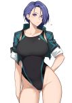  1girl asymmetrical_hair bangs black_swimsuit blue_eyes blue_hair blush breasts collarbone competition_swimsuit covered_navel fire_emblem fire_emblem:_three_houses forehead halcon highleg highleg_swimsuit highres jacket large_breasts looking_at_viewer one-piece_swimsuit open_clothes open_jacket parted_bangs shamir_nevrand short_hair short_sleeves simple_background swimsuit thighs whistle whistle_around_neck white_background 
