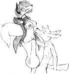  anthro breasts canid canine canis cape chaoshetra cloak clothing cock_vore coyote cyote duo female fox genitals hi_res hyper knot licking male male/female mammal monochrome penile penis tongue tongue_out vera_(spazman) vore 