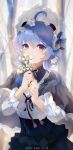  1girl absurdres ahoge alternate_costume bangs blue_hair blush cape eyebrows_visible_through_hair flower ganyu_(genshin_impact) genshin_impact hair_flower hair_ornament highres holding holding_flower horns looking_at_viewer purple_eyes smile solo sweet_flower swkl:d white_flower 