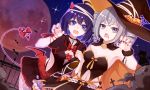  bronya_zaychik candy cape halloween hat honkai_impact seele_vollerei tagme_(artist) tail wings witch_hat 