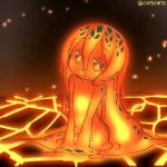  1girl bright_pupils core flat_chest hair_between_eyes head_tilt kixyuresu long_hair looking_at_viewer melting molten_rock monster_girl mouth_drool no_nipples nude orange_eyes orange_hair orange_sclera orange_skin orange_theme original slime_girl solo twitter_username very_long_hair 