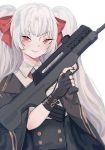  1girl artia cosplay girls_frontline gun highres holding holding_gun holding_weapon hololive hololive_china lankie long_hair looking_at_viewer qbz-97_(girls_frontline) qbz-97_(girls_frontline)_(cosplay) red_eyes solo two_side_up very_long_hair virtual_youtuber weapon white_background white_hair 