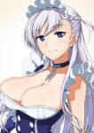  1girl azur_lane bare_shoulders belfast_(azur_lane) blue_eyes braid breasts broken broken_chain buttons chain cleavage collar double-breasted eyebrows_visible_through_hair french_braid frills hair_behind_ear hair_between_eyes hair_over_shoulder highres koutarou_(plusdrive) large_breasts lips long_hair looking_at_viewer looking_to_the_side maid maid_headdress no_bra parted_lips signature simple_background solo upper_body white_background white_hair 