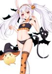  1girl :o absurdres animal_ears azur_lane balloon bandaged_leg bandages bangs bare_arms bare_shoulders bat bikini black_bikini black_headwear blush blush_stickers bunny_ears claw_pose collarbone eyebrows_visible_through_hair fang feet_out_of_frame flat_chest food_themed_hair_ornament frilled_bikini frills hair_ornament hands_up hat highres laffey_(azur_lane) long_hair looking_at_viewer manjuu_(azur_lane) mismatched_legwear open_mouth orange_legwear print_bikini print_legwear pumpkin_hair_ornament pumpkin_print red_eyes revision silver_hair simple_background single_thighhigh standing star_(symbol) star_print swimsuit tail thighhighs tming twintails v-shaped_eyebrows white_background witch_hat 