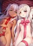  2girls bangs belt blush breasts chloe_von_einzbern collar dark_skin fate/kaleid_liner_prisma_illya fate_(series) holding_hands illyasviel_von_einzbern long_hair looking_at_viewer lying multiple_girls naked_ribbon nude o-ring on_back one_side_up open_mouth pink_hair pink_ribbon red_belt red_eyes revision ribbon small_breasts smile take_your_pick thighs white_hair yan_(nicknikg) yellow_eyes 