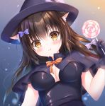  1girl :t animal_ear_fluff animal_ears bangs black_capelet black_dress black_gloves black_headwear blush bow breasts brown_eyes brown_hair candy capelet cat_ears closed_mouth commentary_request dress eyebrows_visible_through_hair food from_below gloves hair_between_eyes hair_bow halloween hand_up hat hat_bow highres holding holding_food kohinata_hoshimi lollipop long_hair looking_at_viewer looking_down medium_breasts orange_bow original pout purple_bow solo striped striped_bow swirl_lollipop upper_body witch_hat 