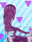  1girl barefoot breasts closed_mouth cup drinking_straw from_side grape_juice highres in_container in_cup kixyuresu long_hair looking_at_viewer minigirl monster_girl navel no_nipples nude original outline purple_eyes purple_hair purple_sclera purple_skin sitting slime_girl small_breasts solo twitter_username white_outline 