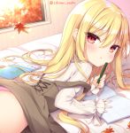  1girl :t ass autumn_leaves bangs bed_sheet blonde_hair blurry blurry_background blush brown_skirt closed_mouth commentary_request depth_of_field eyebrows_visible_through_hair from_side hair_between_eyes holding holding_pen indoors leaf long_hair long_sleeves looking_at_viewer looking_to_the_side lying maple_leaf on_stomach original panties pen pink_panties pout red_eyes shikitani_asuka shirt skirt sleeves_past_wrists solo suspender_skirt suspenders twitter_username underwear very_long_hair white_shirt 