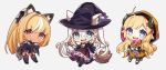  3girls ahoge animal_ears bangs basket blonde_hair blue_eyes braid broom chibi claw_pose commentary_request dress earrings ears_through_headwear elf eyebrows_visible_through_hair fake_animal_ears fang fox_ears fox_girl fox_tail frilled_dress frills gezerun green_eyes hair_between_eyes halloween halloween_costume holding holding_basket holding_broom hololive horns jewelry layered_dress long_hair looking_at_viewer multiple_girls open_mouth orange_eyes pointy_ears ponytail pumpkin sheep_girl sheep_horns shirakami_fubuki shiranui_flare sidelocks simple_background single_braid tail tsunomaki_watame twintails virtual_youtuber white_background white_hair wolf_ears wolf_tail 